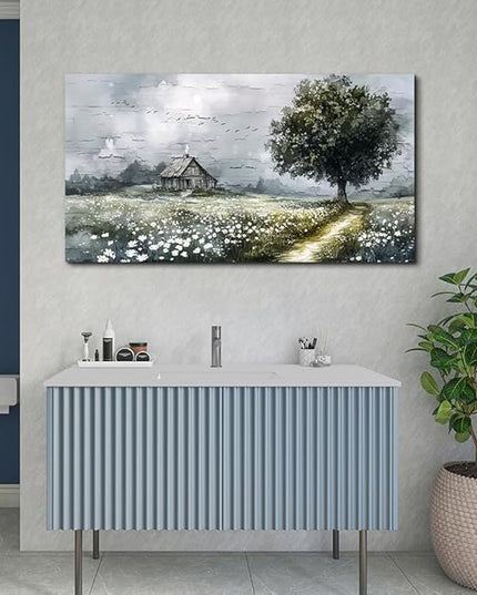 ERQINHUA Gray Canvas Wall Art For Living Room Farmhouse Wall Decor For Bedroom Office Decorations Field scenery Paintings Tree Landscape Wall Pictures Artwork Ready to Hang for Home Decor 20"X40"
