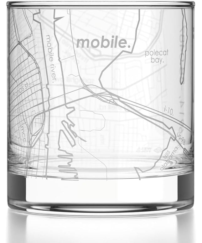 Well Told Engraved Mobile Alabama Map Rocks Glass, Old Fashioned Glassware (11 oz, Clear) Etched Bourbon Tumbler, Gifts For Whiskey Lovers