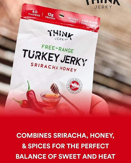 Think Jerky Sriracha Honey Turkey Jerky, High Protein Free-Range Turkey, Gluten Free, No Antibiotics or Nitrates, Healthy Chef Crafted Recipe, Low Calorie and Low Fat - 1.0 oz Bags, 12 Pack