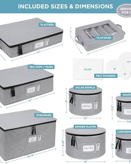 Hard Shell China Storage Containers 8-Piece Set Moving Boxes for Dinnerware, Glasses, Plates, Mugs and Saucers Sturdy Dish Organizer with Dividers for Seasonal Storage - Service for 12 - Gray