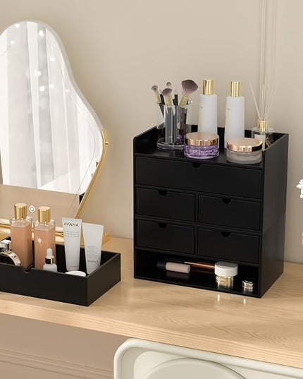 Wisuce Bamboo Desk Organizer - Mini Bamboo Desk Drawer Tabletop Cosmetic Storage Organization for Office or Home Black with Shelf