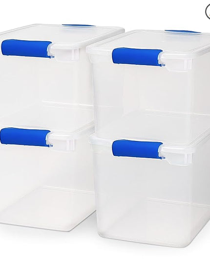 HOMZ 4-Pack Latching Lid, Large Clear Plastic Storage Bins with Lids, 31 Quart, Blue Latch - Stackable Container Boxes for Home, Bathroom, and Office Organization