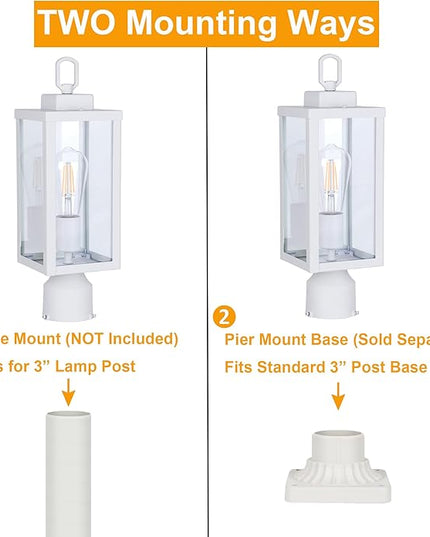 GRUENLICH Outdoor Post Lighting Fixture Pole Lantern, E26 Medium Base Max 60W, Metal Housing Plus Glass, Matte White Finish, Bulb Not Included, 2 Pack