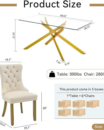 Modern 7-Piece Glass Dining Table Set for 6, Modern 60" Rectangle Gold Glass Dining Room Table Set with Milk White Velvet Tufted Chairs Wood Legs for Kitchen Dining Room