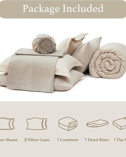 Monbix California King Size Comforter Set - 7 Pieces Bed in a Bag California King, Beige Bedding Sets with Comforter, All Seasons Down Alternative Comforter Bed Set with Sheets, Pillowcases & Shams