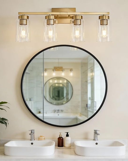 4-Light Bathroom Light Fixtures, Gold Modern Vanity Lights Over Mirror, Bathroom Wall Sconces with Clear Glass Shade for Living Room Bedroom Hallway Cabinet Porch