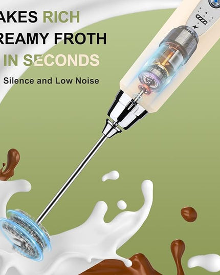 YUSWKO Beige Handheld Milk Frother Wand with Stand for Coffee, Rechargeable Electric Whisk with 3 Heads 3 Speeds Drink Mixer Coffee Frother For Latte, Cappuccino, Hot Chocolate, Egg