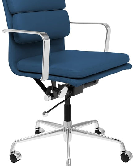 Laura Davidson Furniture SOHO II Padded Management Office Chair - Mid Back Desk Chair with Arm Rest, Swivel & Cushion Availability, Made of Faux Leather, Blue, Computer Chair