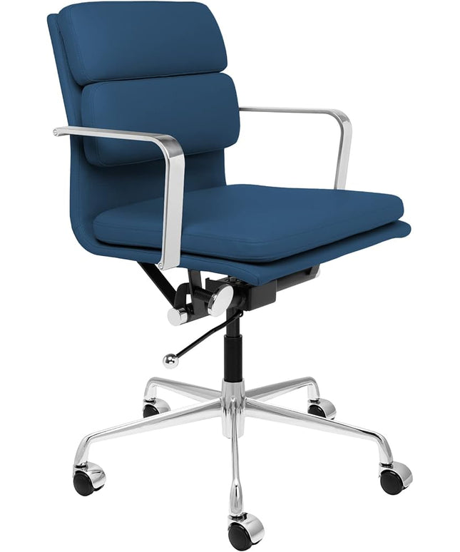 Laura Davidson Furniture SOHO II Padded Management Office Chair - Mid Back Desk Chair with Arm Rest, Swivel & Cushion Availability, Made of Faux Leather, Blue, Computer Chair