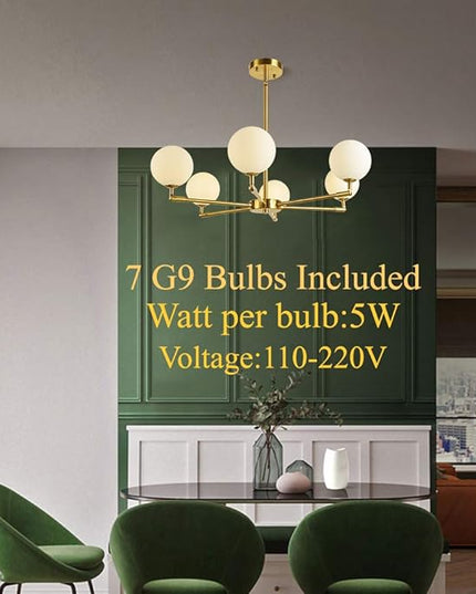 6-Lights Globe Mid Century Chandelier Modern Sputnik Pendant Light Fixture with G9 Bulb Brushed Brass Finished with White Globe Glass Lampshade Dining Kitchen Island Bedroom Lighting (Gold)