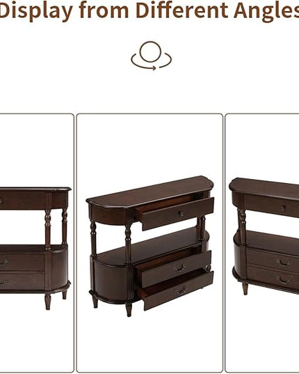 HMFULE Solid Wood Retro Curved Console Table, 43" Half Moon Console Table Sofa Table Entryway Table with 3 Drawers Open Shelf Pine Roman Legs Curved Corners for Living Room,Entryway,Hallway,Espresso
