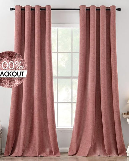 MIULEE 100% Blackout Linen Textured Curtains for Bedroom Solid Thermal Insulated Dusty Rose Grommet Room Darkening Curtains & Drapes Luxury Decor for Living Room Nursery 52 x 120 Inch (2 Panels)