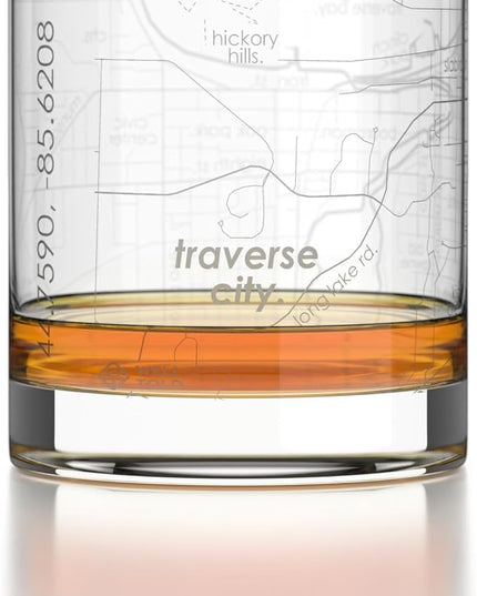 Well Told Engraved Traverse City Michigan Map Rocks Glass, Old Fashioned Glassware (11 oz, Clear) Etched Bourbon Tumbler, Gifts For Whiskey Lovers