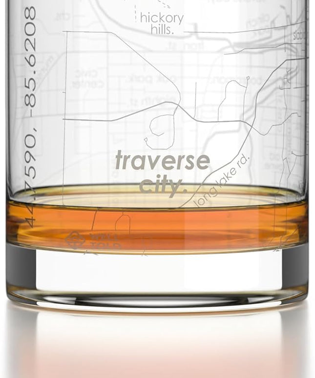 Well Told Engraved Traverse City Michigan Map Rocks Glass, Old Fashioned Glassware (11 oz, Clear) Etched Bourbon Tumbler, Gifts For Whiskey Lovers