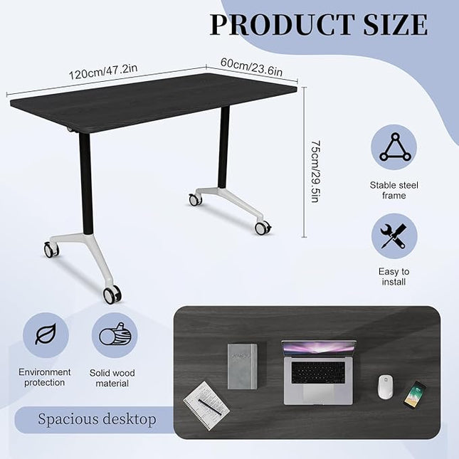Conference Table, Folding Conference Room Tables, Modern Flip Top Seminar Training Meeting Table with Wheels, Modular Foldable Conference Tables for Home Office Classr (Black 2 Pack, 47.2inch)