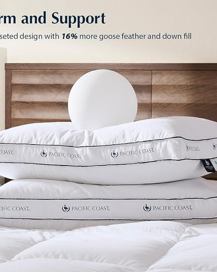 Pacific Coast Gusseted Pillows Queen Size Set of 2, Goose Feather and Down Firm Pillows, Luxury Hotel Collection Bed Pillows for Sleeping, Supportive Gusseted Dsign for Side and Back Sleepers