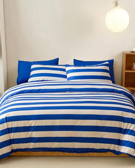 CLOTHKNOW Striped Comforter Set California King 3Pcs Blue White Bedding Comforter Sets Blue White Stripes Comforter Blue Comforter Sets