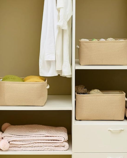 TheWarmHome Storage Bins for Shelves - Medium 3Pack 13.8L*9.8W*6.7H inch Canves Storage Basket for Organizing, Fabric Storage with Handles for Clothes Baby Dog Toys(Beige)