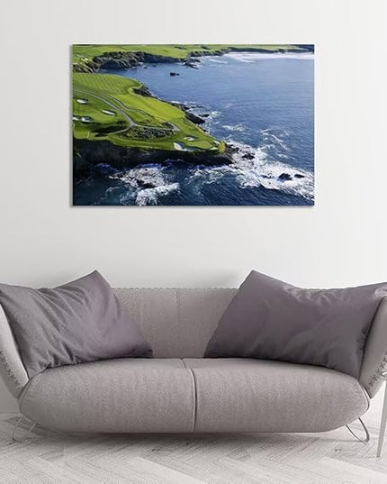 Pebble Beach Golf Course Canvas Wall Art for Living Room Bedroom Bathrooom Home Decorations California Coastal Golf Course Picture Poster Framed Artwork Ready to Hang(18''H x 24''W)