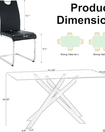 5 Piece Glass Dining Table Set, Glass Kitchen Dining Room Table Set for 4, Modern 51" Rectangular Silver Glass Metal Dining Table with 4 Black Leather Dining Chairs for Kitchen Dining Room