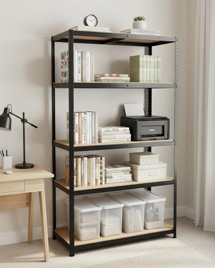 Heavy Duty 5-Tier Storage Shelving Unit, Black Steel Frame with MDF Boards, 71" H x 35.5" W x 15.8" D, 2000 lbs Capacity, Adjustable Garage Organization Rack