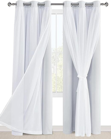 Hiasan Blackout Curtains with Sheer Overlay, Thermal Insulated Privacy Mix & Match Double Layer Window Curtains for Girls Bedroom, Living Room, 2 Drape Panels with Tiebacks, Greyish White, 42W X 84L