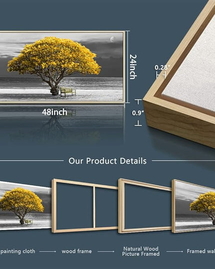 Framed Canvas Wall Art For Living Room Large Wall Decor For Bedroom Black And White Wall Painting Office Decoration Boho Home Decor Yellow Trees Scenery Pictures Artwork Natural Wood Framed