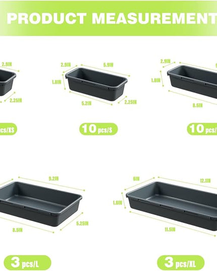 BYCY 38PCS Interlocking Desk Drawer Organizer Tray Divider Set, Plastic Black Desk Organizer Separator, Office Drawer Dividers Storage Bins for Office Bathroom Kitchen (38pcs 5Size)
