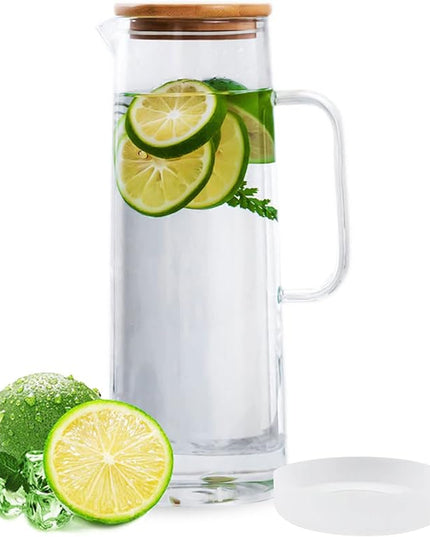 hjn Glass Pitcher with Lid Glass Water Carafe with Handle, Fridge Water Jug Cold or Hot Beverages, Iced Tea, Milk, Juice 1500ml/51oz & bamboo lid