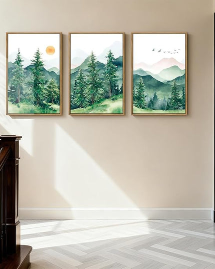 ANHUIB Extra Large Forest Wall Art Green Mountain Wall Decor Set of 3 for Living Room Bedroom Dining Room 24x36 Inch