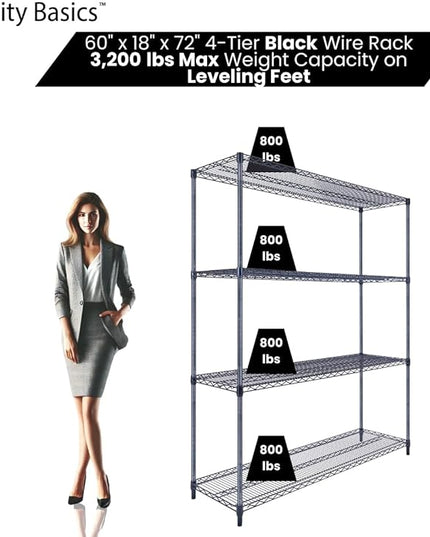 NSF Commercial 4-Tier Wire Shelving with Wheels, 60"x18"x72" Heavy Duty Metal Shelves 3200 lbs Max Capacity, Black Storage Rack for Garage Kitchen Pantry Warehouse
