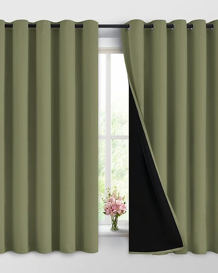 Yakamok 100% Blackout Window Curtain Panels, Heat and Full Light Blocking Drapes with Black Liner for Nursery,Thermal Insulated Draperies (Sage, 2 Pieces, 62Wx63L)