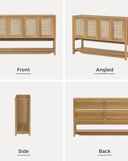 Rattan Entryway Cabinet with Storage,55“ Boho Credenza Storage Cabinet with 4 Doors and Adjustable Shelf, Wood Coffee Bar Console Cabinet Buffet Table for Kitchen, Dinning Room, Sideboard Buffet