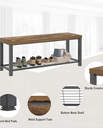EXCEFUR Entryway Bench, Modern Wood and Metal Storage Bench for Hallway Front Door Entrance, Industrial Indoor Shoe Rack Bench Seat for Living Room Bedroom, 43.3 Inch Rustic Brown