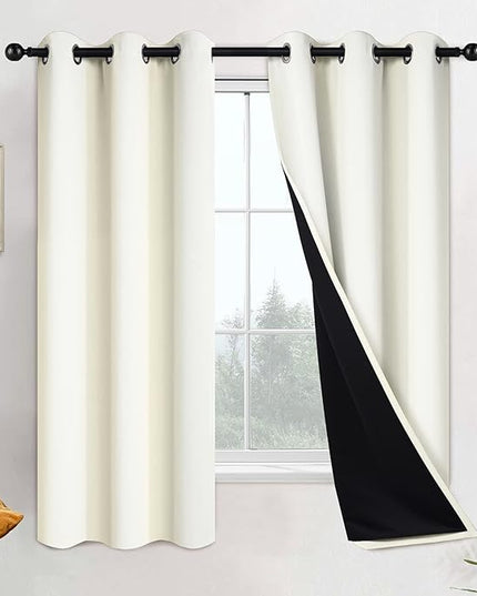 Yakamok 63 Inch Length 100% Blackout Curtains for Bedroom, 2 Thick Layers Thermal Insulated Grommet Total Blackout Drapes with Black Liner for Living Room (42Wx63L,Cream, 2 Panels)