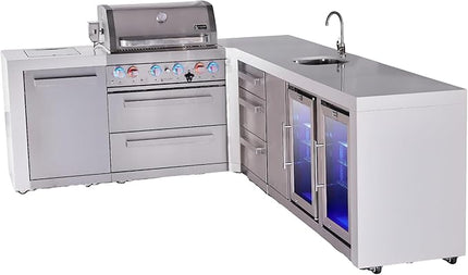 Mont Alpi MAi400-D90BEVFCDR 4-Burner Premium Deluxe L-shaped Modular Stainless Steel Outdoor Kitchen Island BBQ Gas Grill + Beverage Center + Refrigerator + Granite Countertops + Cover + Rotisserie
