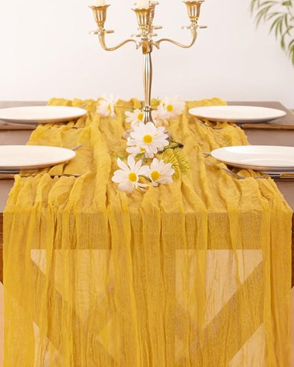 Socomi 10pcs Gold Yellow Cheesecloth Table Runner Boho Rustic Gauze 120 inch 10FT Cheese Cloth Runner for Wedding Party Baby Shower Birthday Home Decor Holiday Decorations