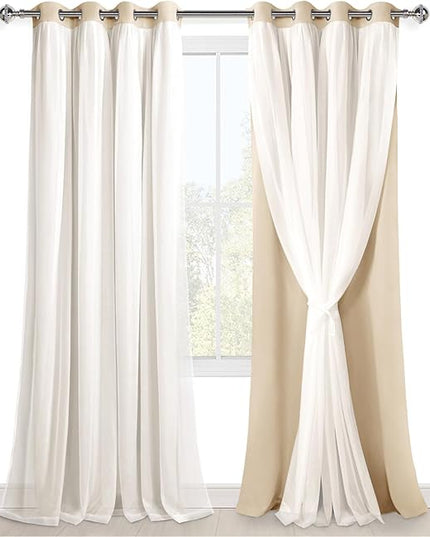 Hiasan Mix & Match Blackout Curtains with Sheer Overlay, Double Layer Thermal Insulated Privacy Grommet Window Curtains for Girls Bedroom, Living Room, 2 Drape Panels with Tiebacks, Beige, 52W X 96L