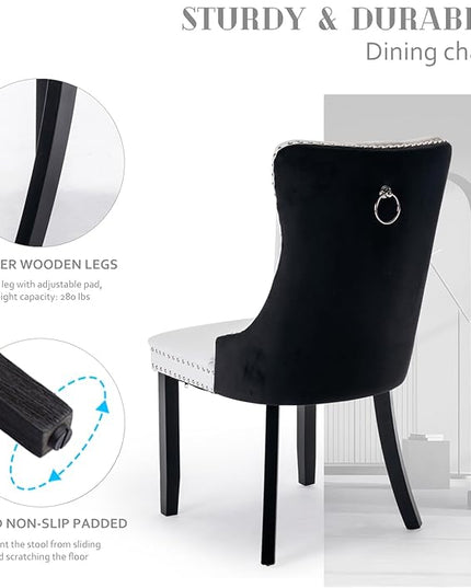 SoarFlash Leather Dining Chairs Set of 2, Tall Back Side Chair, Modern Upholstered Side Chair with Button Back Ring, Solid Wood Legs (Black&White)