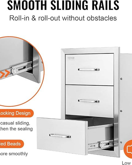 VEVOR Outdoor Kitchen Drawer Cabinets 16" W x 21.5" H x 18" D, BBQ Drawer Stainless Steel, Flush Mount Triple Access, with Handle, BBQ Island, Outdoor Grill Patio Grill Station