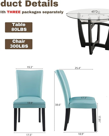 PADMA HOUSE Round Glass Dining Table Set for 2, 45in Modern Kitchen Small Wood Dinner Table with 2 Parsons Leather Dining Chairs 3 Piece Dining Room Table Chair Set, Clear&Light Blue