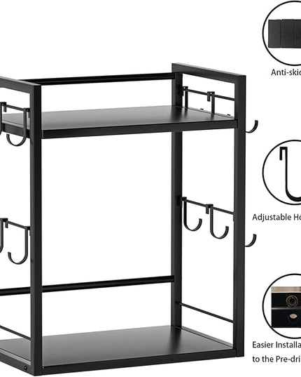 Dorhors 2 Tier Coffee Bar Accessories and Organizer,Multi-functional Mug Holder with 12 Hooks,Wood Coffee Station Organizer,Kitchen Countertop Shelf (Black)