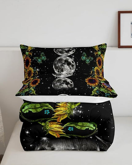Manfei Sunflower Comforter Set, Moon Planet Starry Sky Galaxy Universe Bedding Set 3pcs for Kids Teens Adult Room Decor,Floral Trippy Quilt Set Soft Black Duvet Insert with 2 Pillowcases, Queen Size