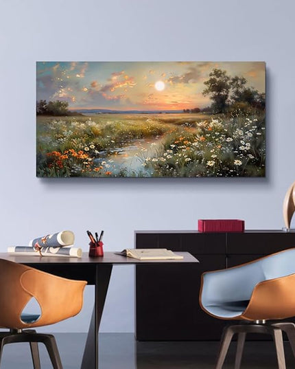 hyidecorart Vintage Farmhouse Wildflower Wall Paintings Canvas Wall Art for Living Room Wall Decor for Bedroom Office Decorations Nature Landscape Picture Artwork Aesthetic Home Decor Ready To Hang