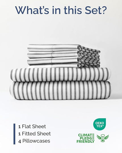 Extra Deep Queen Sheet Set - 6 Piece Breathable and Cooling Sheets - Hotel Luxury Bed Sheets Set - Easy Fit - Soft, Wrinkle Free and Comfy Sheets Set - Grey Striped Sheet Set with Extra Deep Pockets