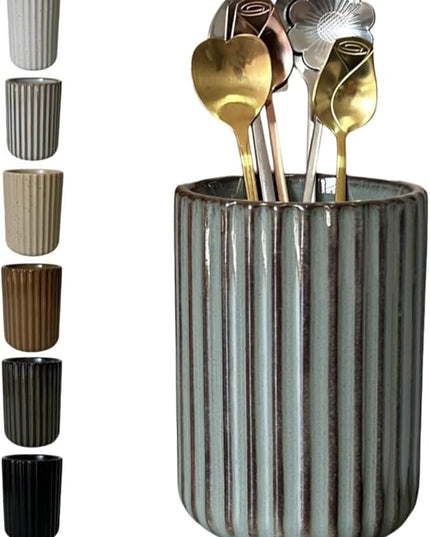 Stoneware Coffee Bar Utensil Holder Tea & Coffee Spoon & Stirrer Holder for Stir Stick Straw Teaspoon Holder Spoon Cup Small Utensil Jar Fluted Vertical Stripe (Retro Grey)