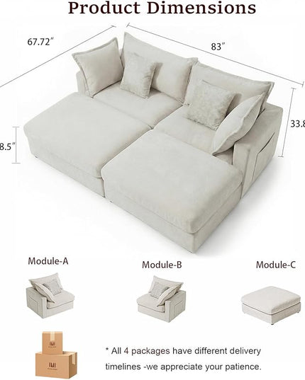83" Down Filled Sectional Couch, Loveseat Modular Sectional Sofa with 2 Storage Ottoman, 2-Seat Chenille Deep Seat Sofa with Pillows for Living Room, Bedroom, Flexible Combination, Beige