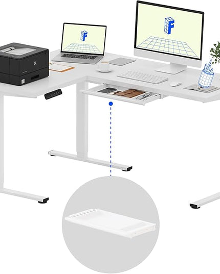 FLEXISPOT L Shaped Standing Desk, 63 x 47 Inch Electric Height Adjustable Corner Desk, Sit Stand Computer Workstation, Preset Controller, Home Office, White Frame with White Top, White Drawer