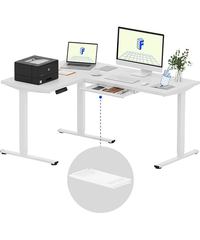 FLEXISPOT L Shaped Standing Desk, 63 x 47 Inch Electric Height Adjustable Corner Desk, Sit Stand Computer Workstation, Preset Controller, Home Office, White Frame with White Top, White Drawer
