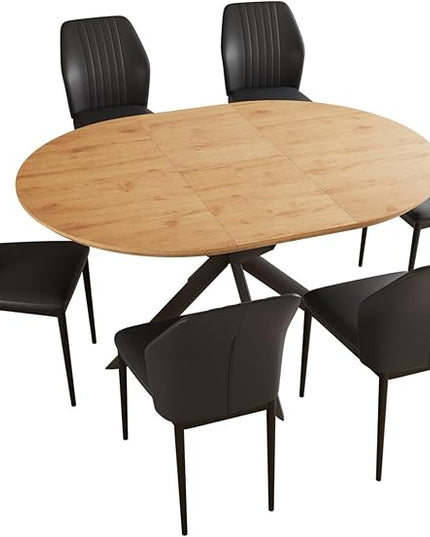 43.2"-59.1" Extendable Dining Table Set with Metal Legs, Wooden Round Kitchen Table for 4-6 Person, Oak Coffee Table w/Easy-Clean Tabletop